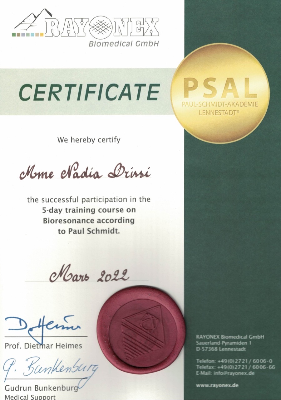 Certificat de formation de Nadia Drissi — 5 jours de formation en biorésonance selon Paul Schmidt, Paul-Schmidt-Akademie, mars 2022